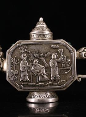 古玩收藏仿古铜手工打造镶嵌宝石鎏银人物酒壶家居装饰工艺品