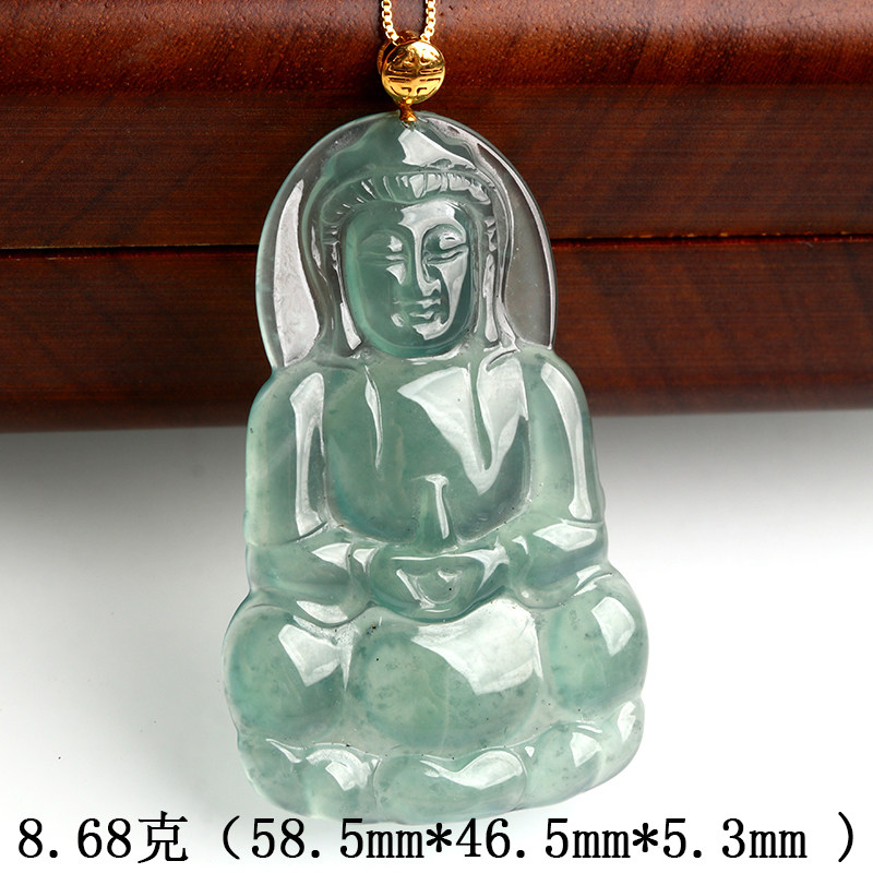 欧说珠宝8.68克18K金扣头天然翡翠观音佛牌吊坠玉项链佛牌送男女