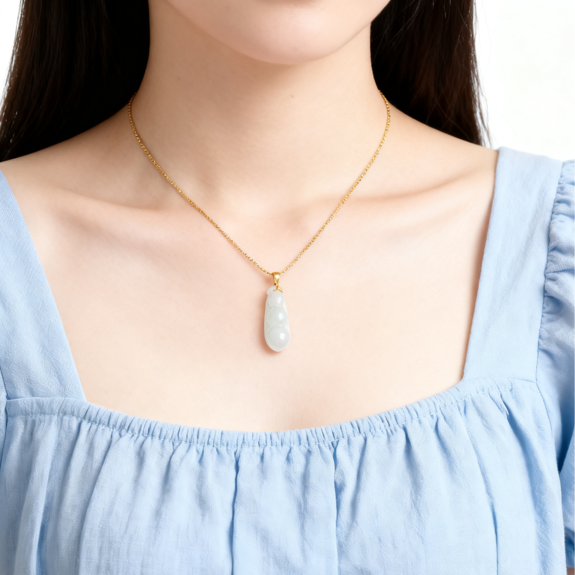 欧说珠宝18K金扣头天然翡翠精雕福豆吊坠玉项链送女友 妈妈礼物