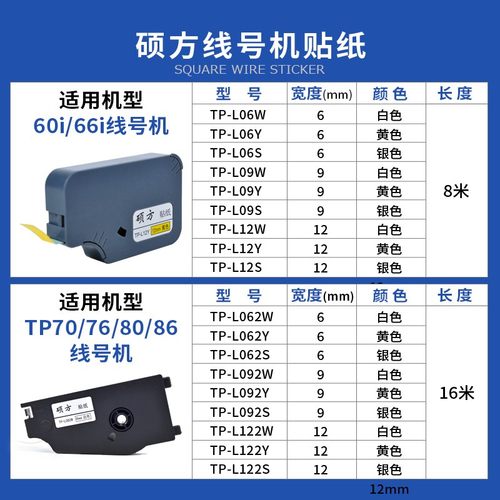 硕方线号机贴纸TP-L09W/TP70/86/60/76/66白黄银色标签纸6 9 12mm