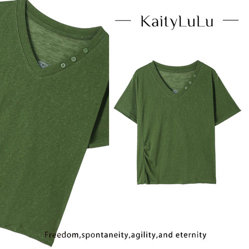 KaityLuLu【半日闲 】 百搭小扣子套头短袖KT528D009