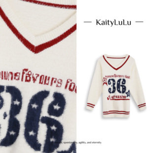 字母撞色V领针织毛衣KL1220D070 复古 KaityLuLu 美式