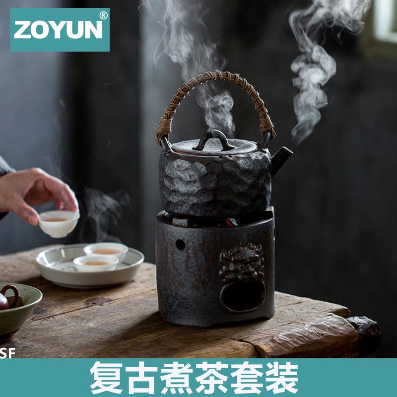 围炉煮茶复古粗陶茶壶可碳烧煮茶锤纹藤编提梁茶壶干烧炉冬日暖茶