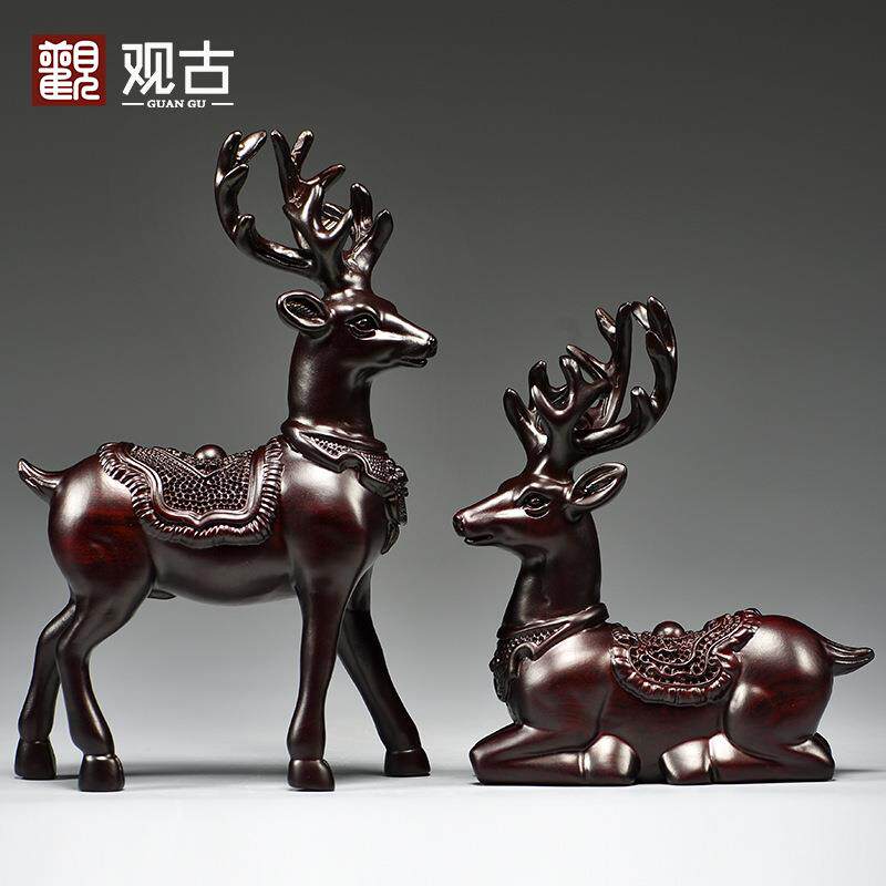黑檀木雕梅花鹿摆件家居客厅实木麋鹿一对工艺品桌面摆设酒柜装饰