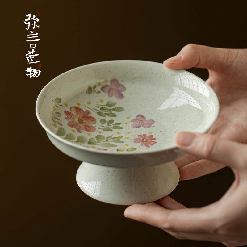 弥言中式高脚茶点盘家用陶瓷精致高足点心盘复古禅意水果盘茶壶垫