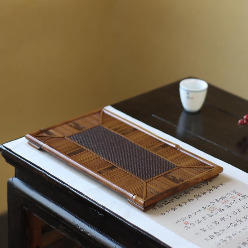 新款梅鹿竹制藤席面托盘长方形茶道茶具配件干泡台奉茶盘杯垫壶承