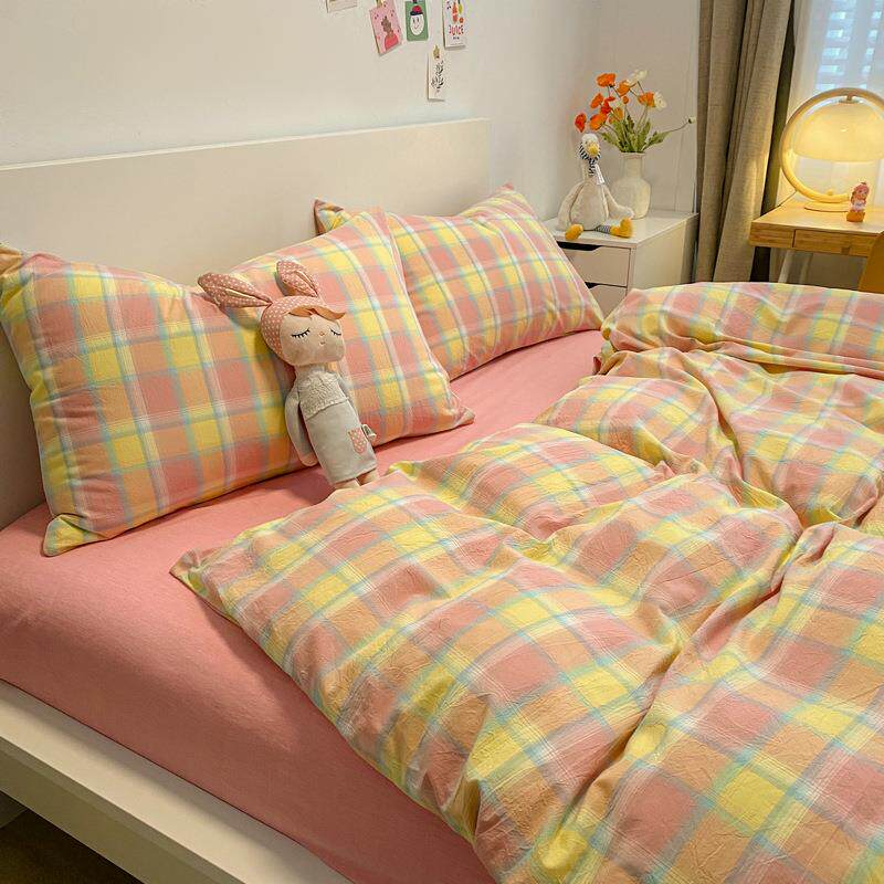 纯棉四件套少女风全棉色织水洗棉被套学生宿舍上下铺三件套斜纹