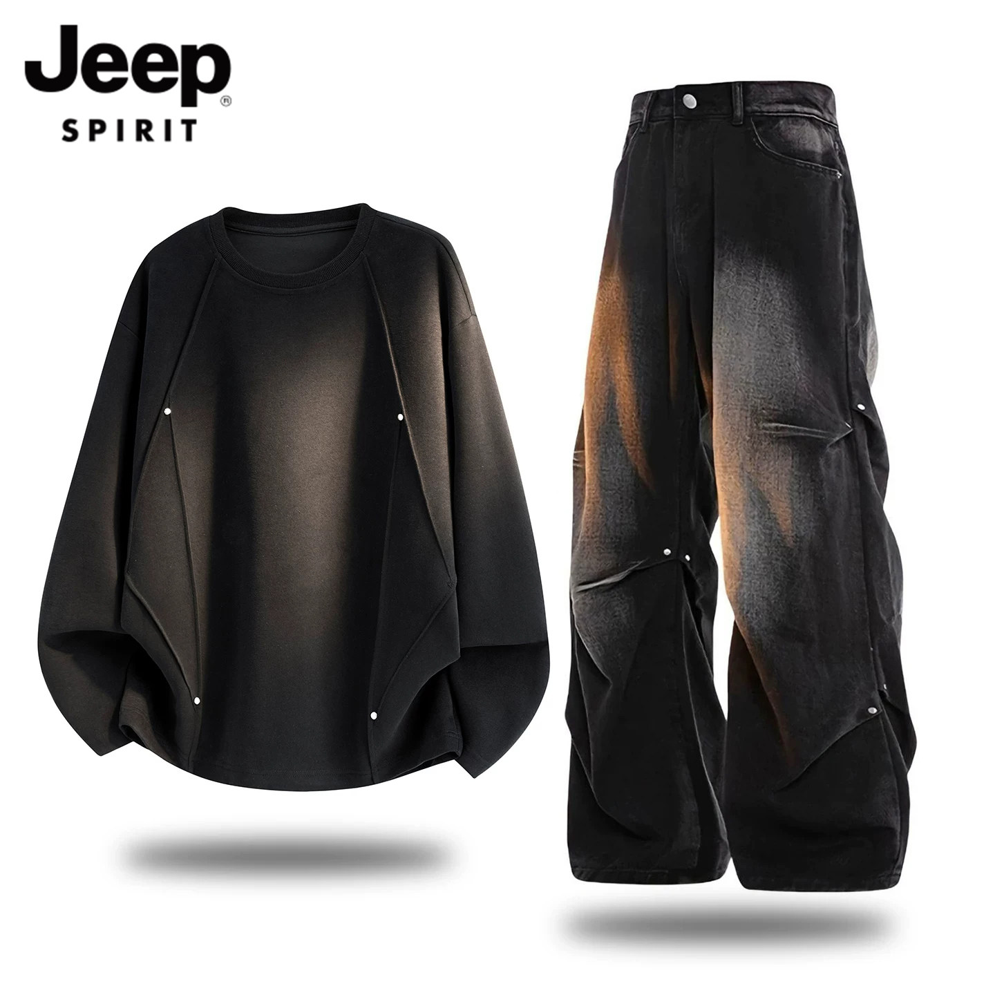 JEEP SPIRIT铆钉设计褶皱美式长袖休闲运动套装男秋冬一套衣服