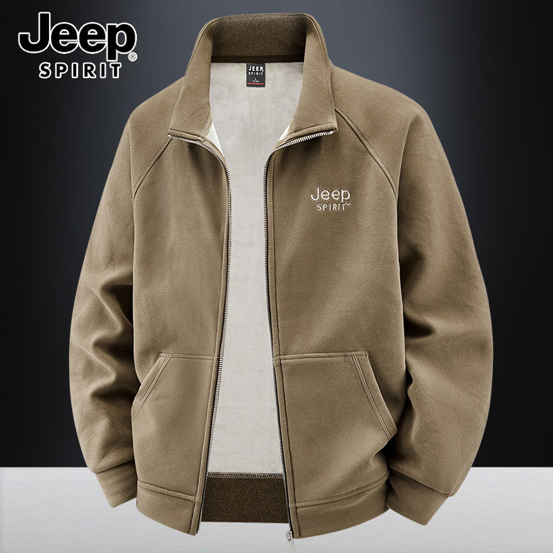 JEEP SPIRIT外套立领加绒加厚夹克德绒卫衣男士拉链开衫大码上衣