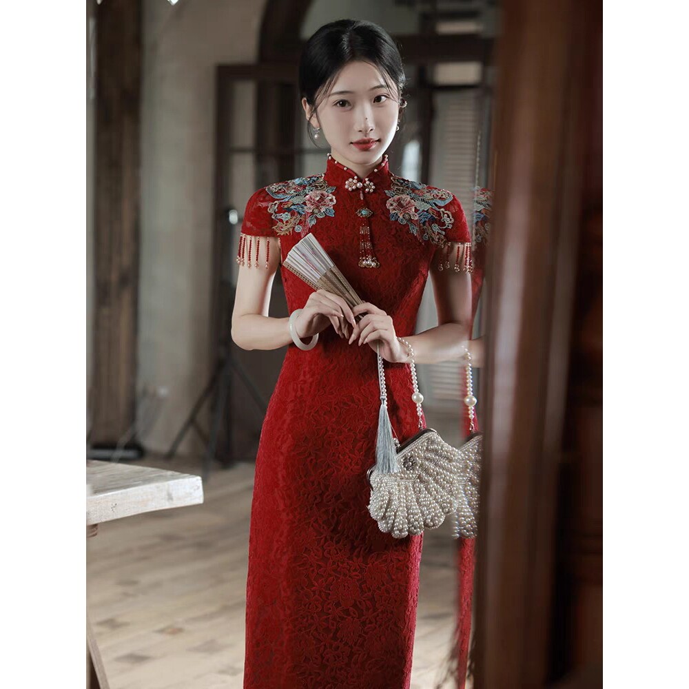 2026新款旗袍敬酒服新娘酒红色小个子订婚礼服连衣裙新中式绝美结