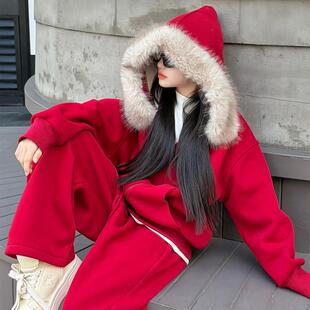 2026新款女童红色卫衣套装加绒加厚秋冬儿童冬装洋气大童新年