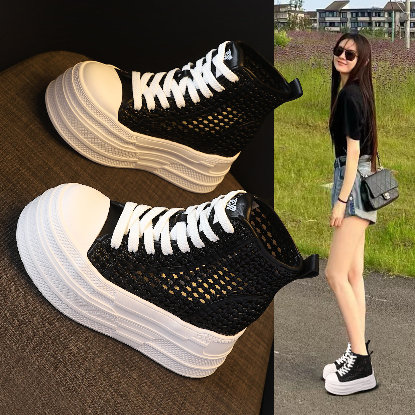 2026新款3908-5厚底内增高镂空网面短靴子女夏季马丁靴高帮