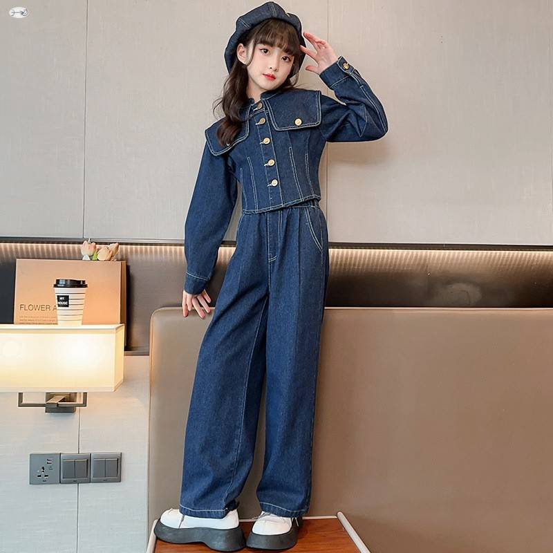 2026新款女童牛仔套装春装中大童韩版网红大翻领外套牛仔裤两件套