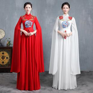 2026新款红色旗袍中年大码合唱团演出服晚礼服女雪纺长旗袍刺