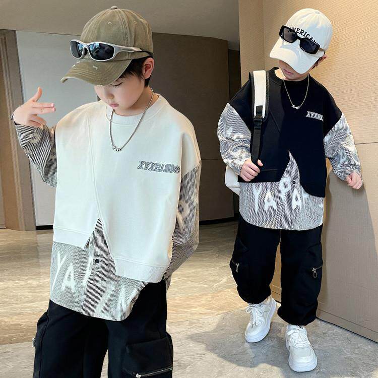 2026新款男童套装春款卫衣酷帅假两件洋帅气儿童中大童运动两