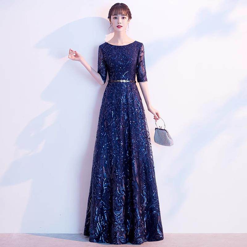 2026新款蓝色晚礼服女高级感亮片气质高端主持人大合唱演出服