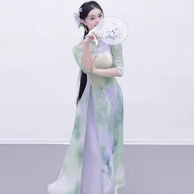 2026新款旗袍舞蹈服印花连体裙练功服女飘逸古典舞纱衣现代舞演出