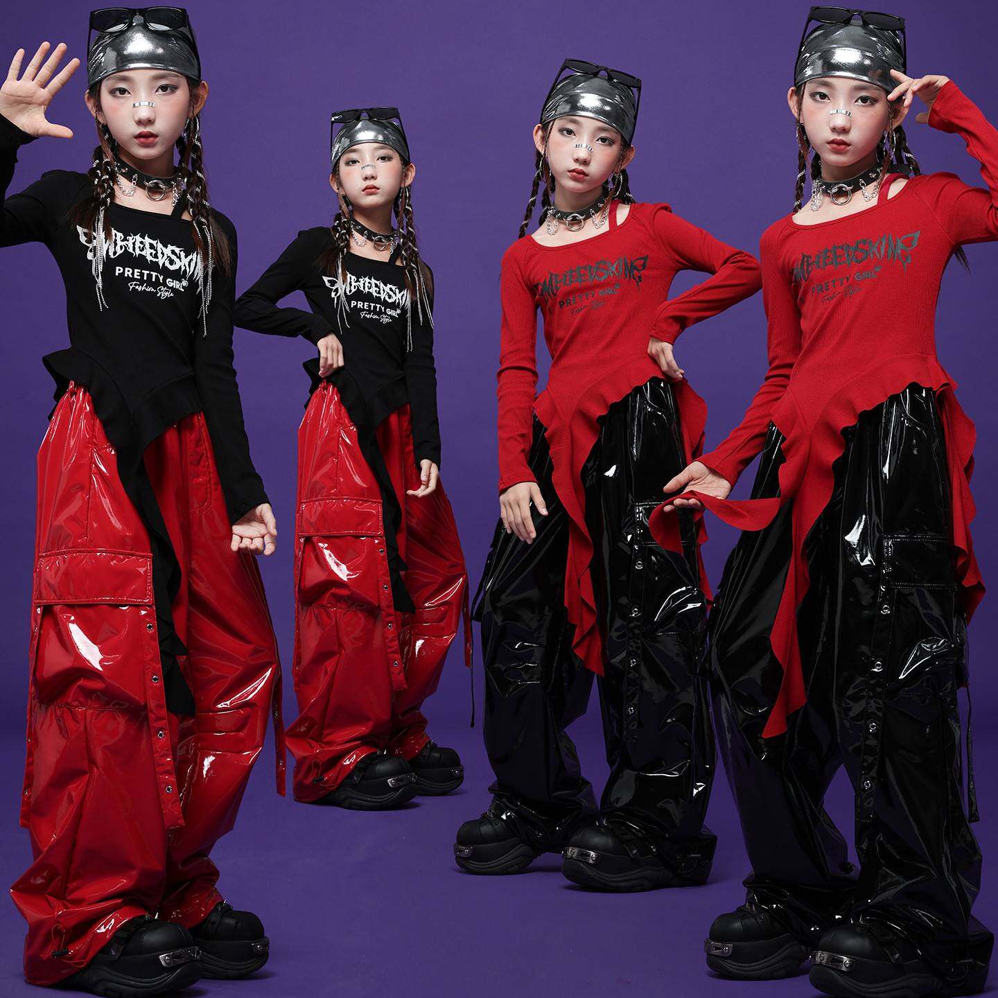 2026新款女童爵士舞服装女团潮流工装亮皮裤街舞表演服女孩嘻哈j