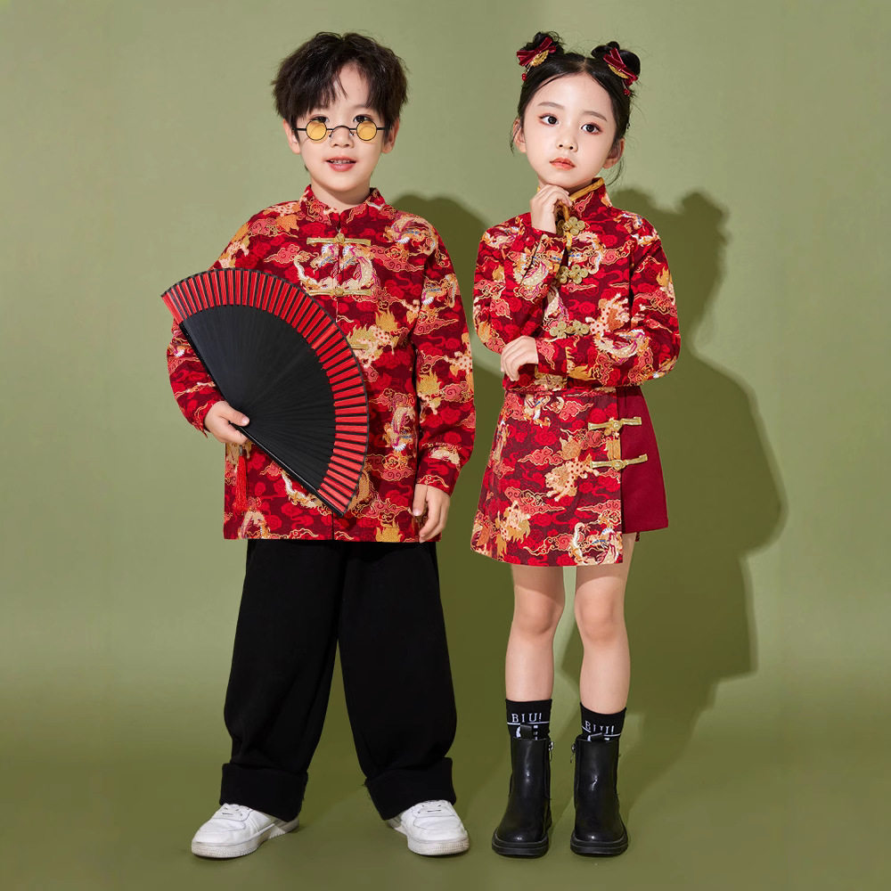 2026新款拜年服男童国风套装春秋款汉服女童旗袍儿童唐装兄妹装中