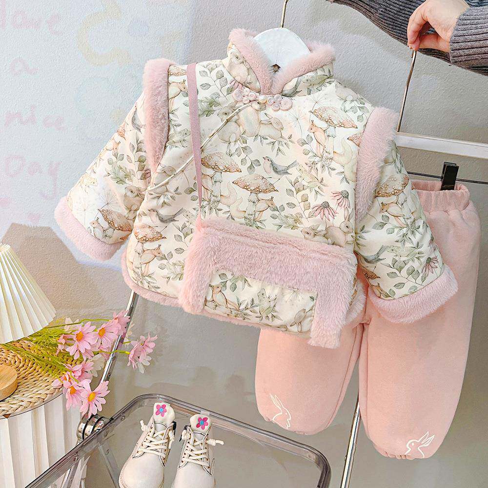 2026新款女童套装冬装洋气儿童衣服加绒女宝宝周岁礼服过年拜