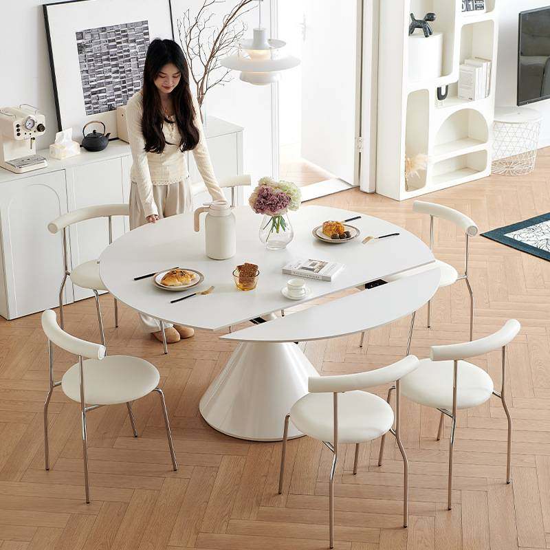 法式奶油风伸缩岩板餐桌简约家用小户型白色轻奢可变圆桌带餐椅,住宅家具,餐桌+餐椅,淘宝优惠券,粉丝福利购,淘宝优惠卷