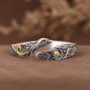 金鹿王足银手镯 复古做旧实心厚版凤凰银镯子送朋友送长辈礼物