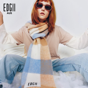[明星同款]EDGII棉花糖羊围巾拼色格纹柔软蓬松围巾披肩-海岛流沙