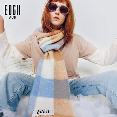 [明星同款]EDGII棉花糖羊围巾拼色格纹柔软蓬松围巾披肩-海岛流沙