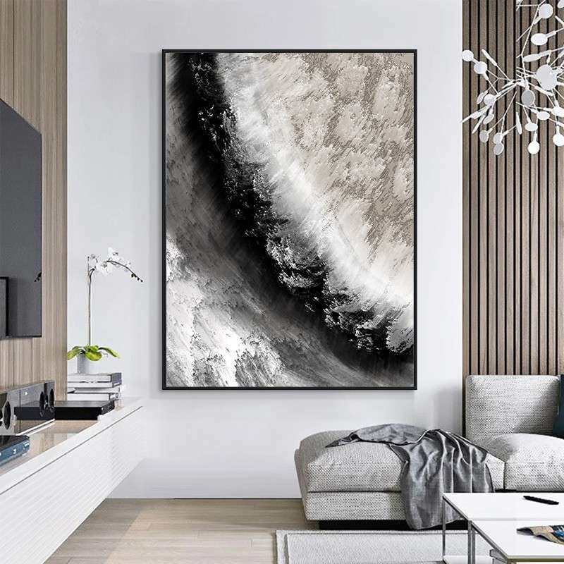 纯手绘油画简约黑白灰客厅玄关抽象装饰画卧室立体肌理轻奢挂画