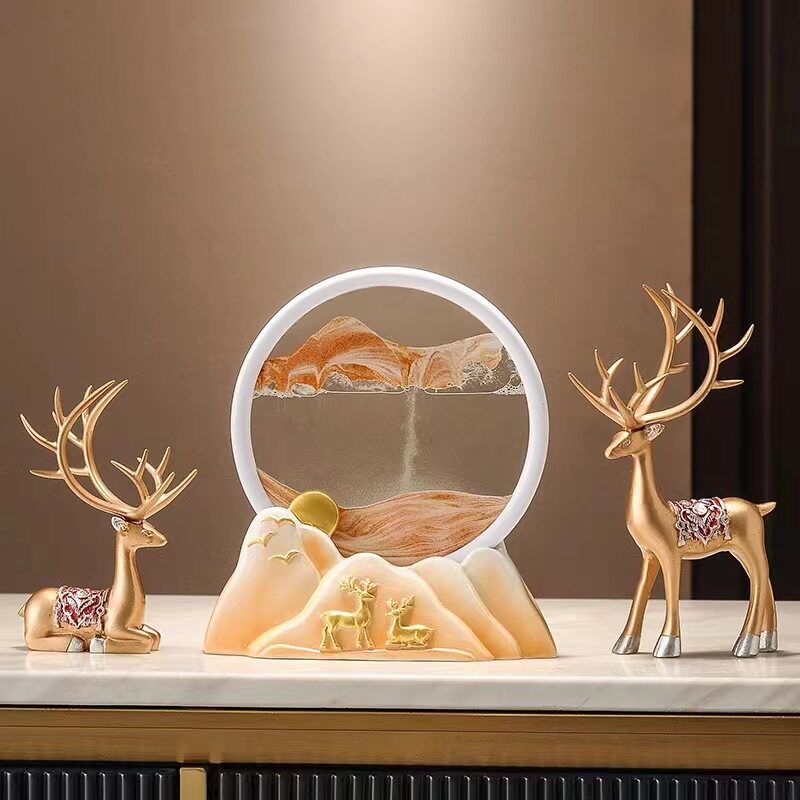 创意流沙画沙漏摆件轻奢新中式招财鹿流沙画沙漏家居客厅装饰摆件