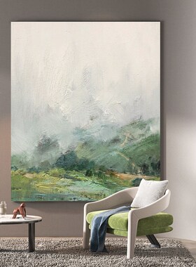 迷雾山景手绘油画绿色风景装饰画客厅挂画抽象青绿山水玄关肌理画