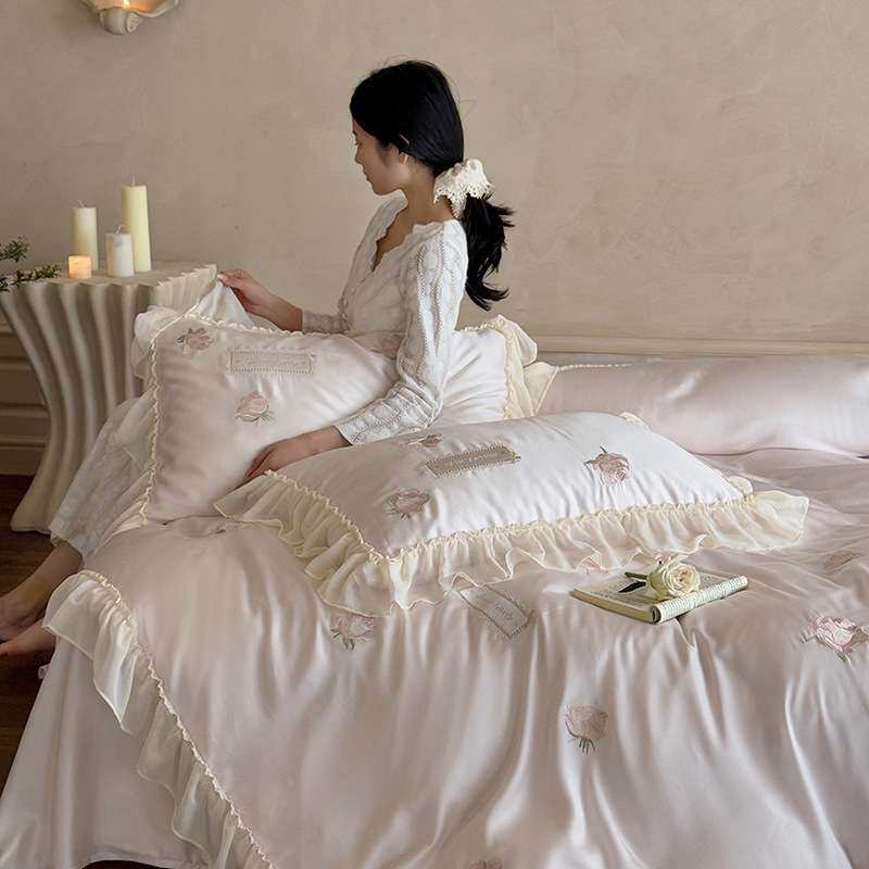 法式公主花边刺绣60支兰精天丝床上四件套件爱莎夏季凉感被套床单