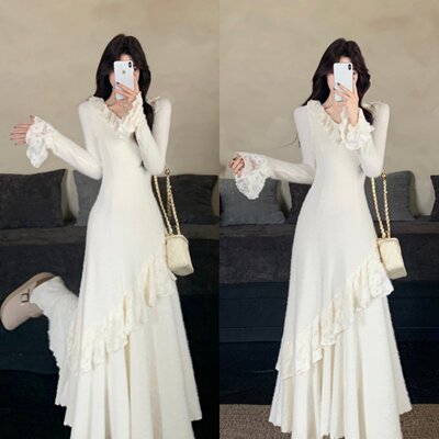 实拍~ 法式复古修身显瘦V领下摆拼接高级感不规则长袖中长连衣裙