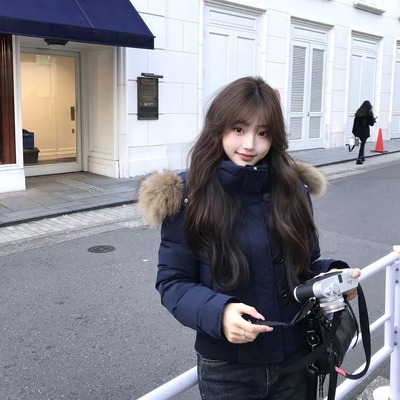 初梦POKEMENG 藏青连帽毛领棉服外套女冬季新款短款羽绒服领棉服