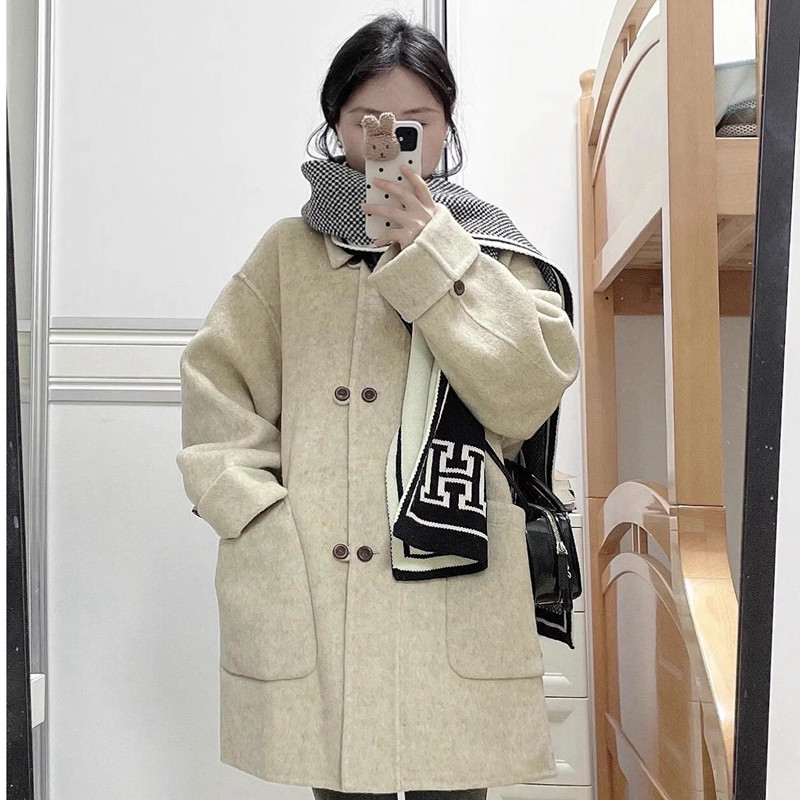 高级感杏色小翻领呢子大衣女秋冬季新款韩系小个子中长款毛呢外套