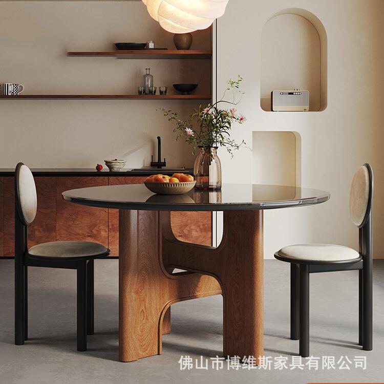 LDAD北欧中古钢化玻璃双层餐桌椅家用法式复古橡木实木圆形饭桌子