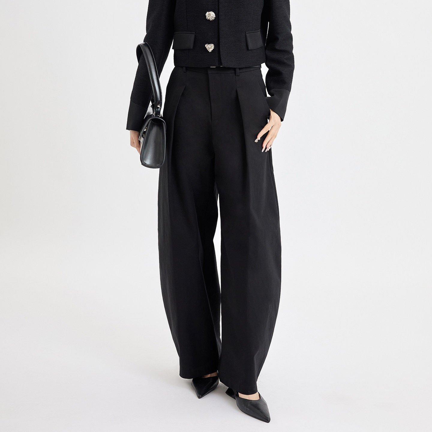 芭依璐2026早春新款磨毛黑色阔腿西装裤女压褶宽松显瘦直筒长裤子