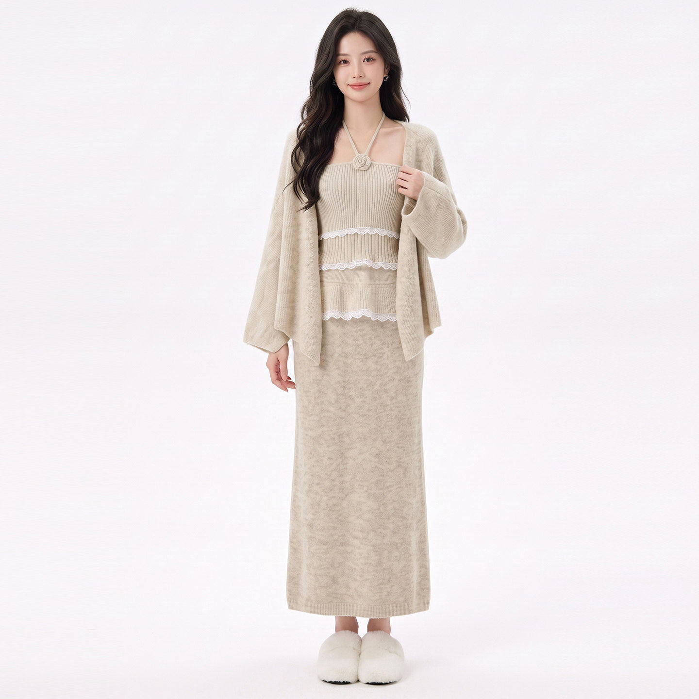 羊毛针织开衫半身裙三件套女秋