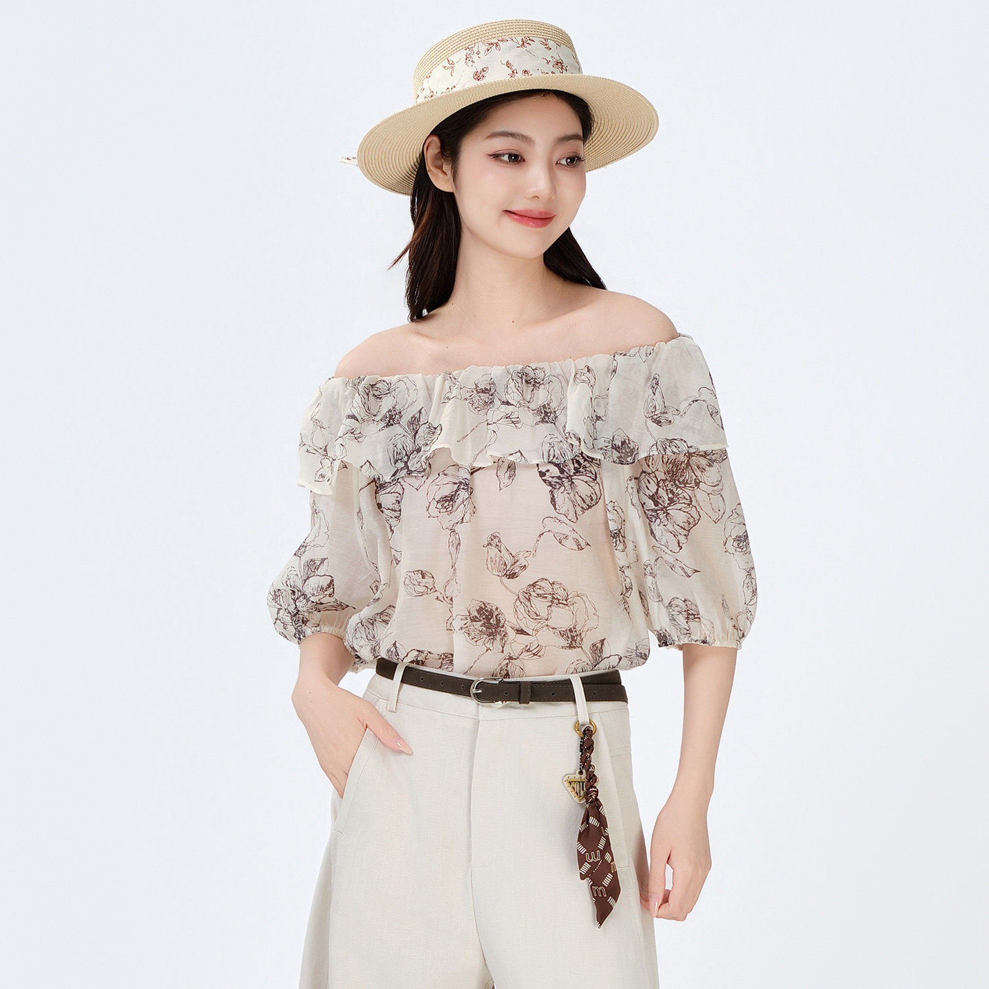 芭依璐法式优雅风一字领荷叶边印花衬衫女夏泡泡袖气质上衣