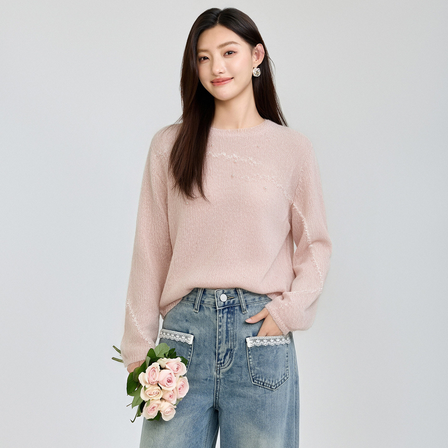 穿搭漂亮宽松小众粉色针织小衫女