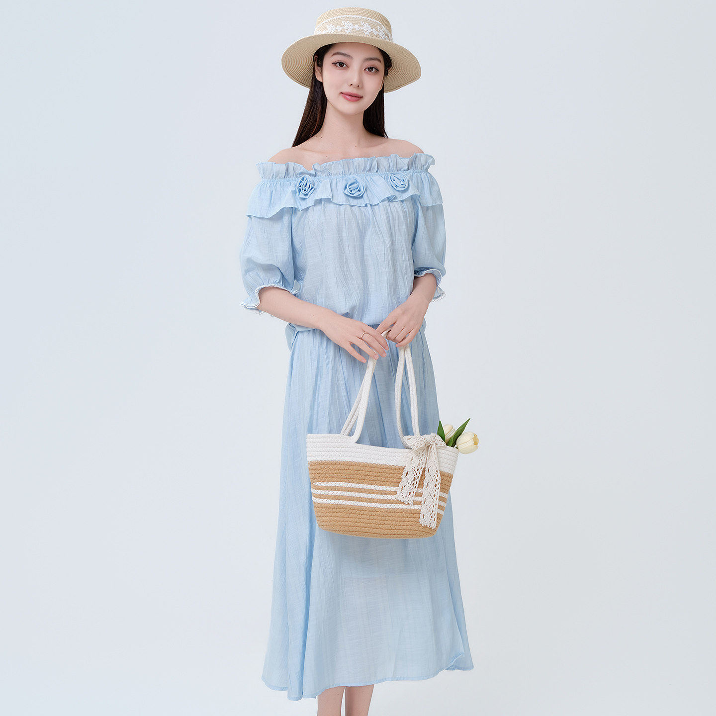 时尚套装荷叶边女上衣半身裙