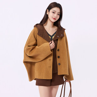 芭依璐毛呢大衣2025早春新品极简风高级感绵羊毛连帽双面羊绒大衣