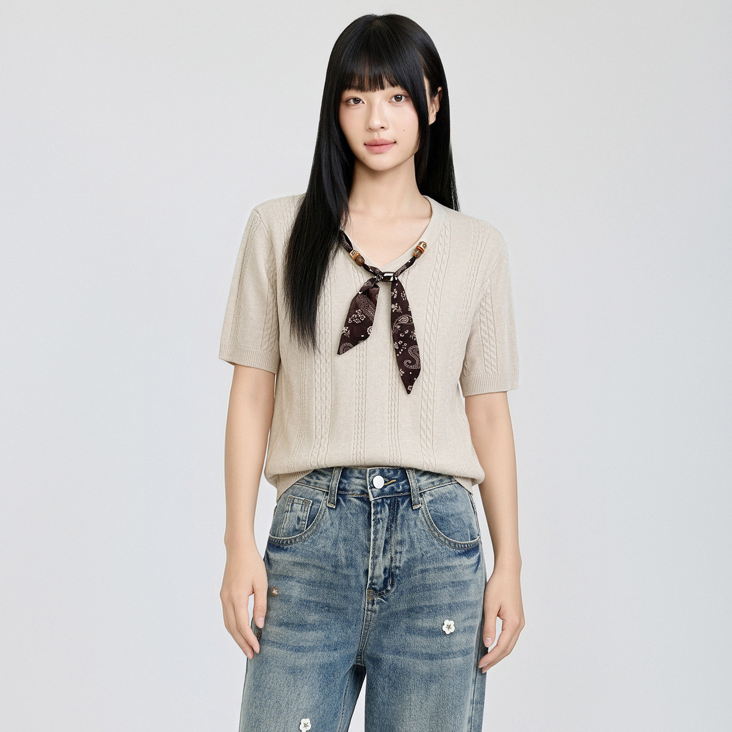 V领飘带短袖针织衫T恤女上衣