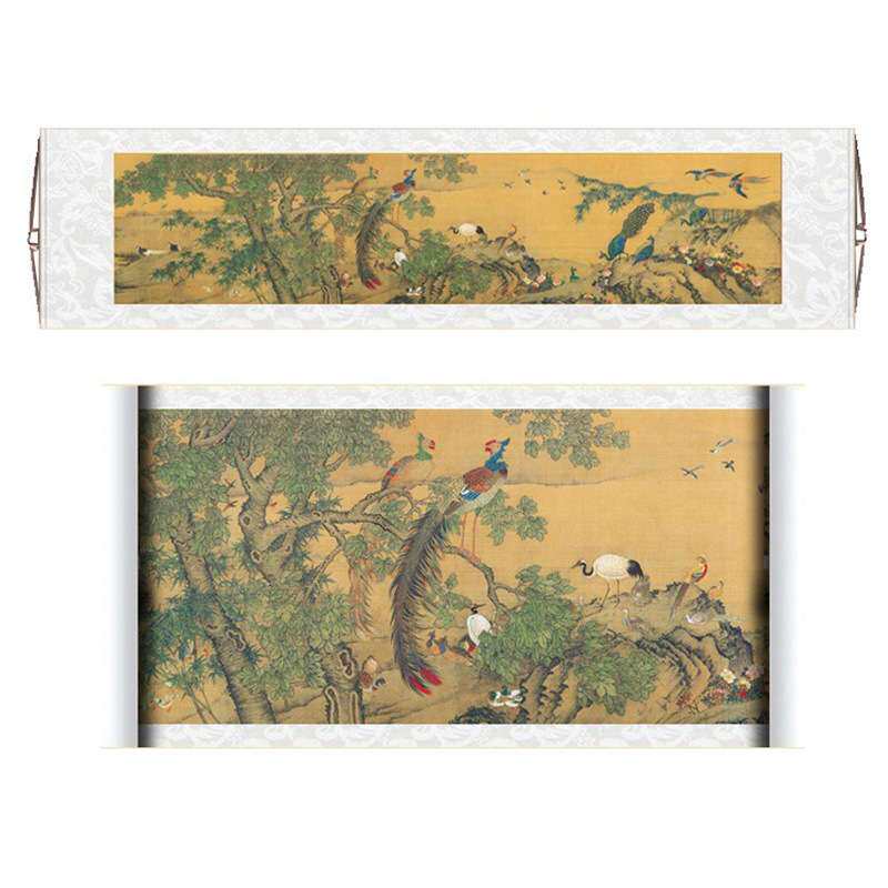 百鸟朝凤挂画花鸟孔雀画国画传世书画字画横幅装饰画丝绸画卷轴古