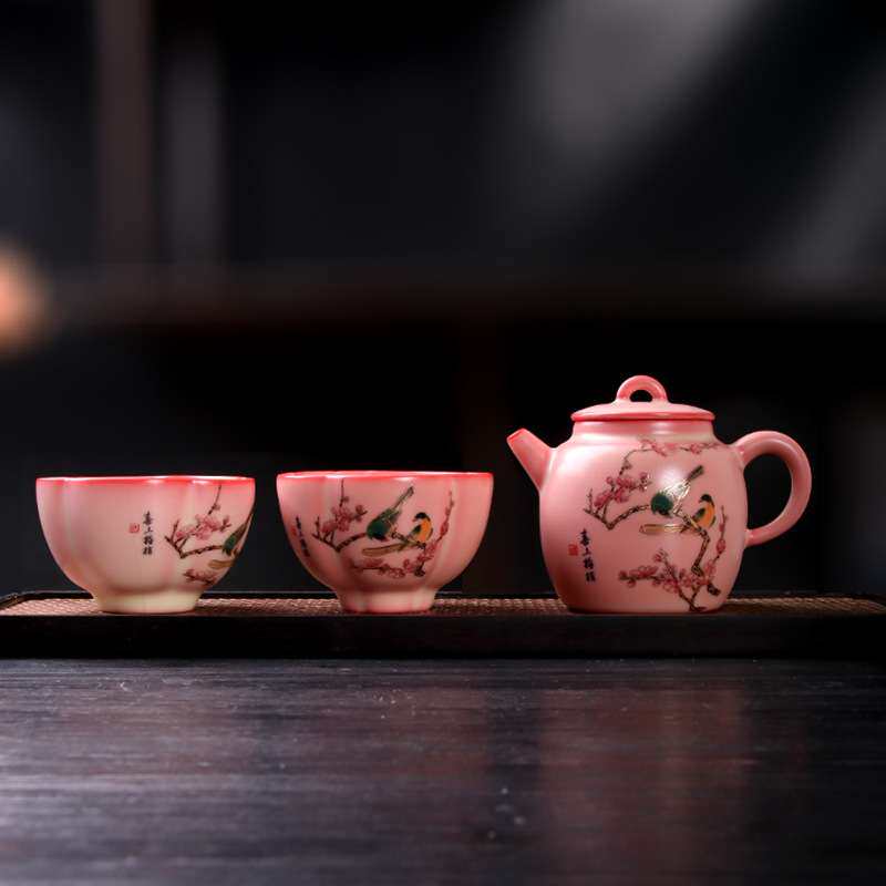 李辉熠猪油冻喜上眉梢秦权壶一壶两杯茶具套装粉红女士陶瓷茶具