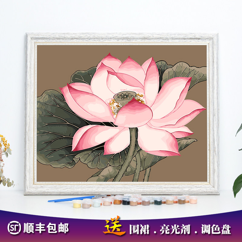 有框diy数字油画荷花卉古典国风治愈减压涂画填色房间装饰油彩画