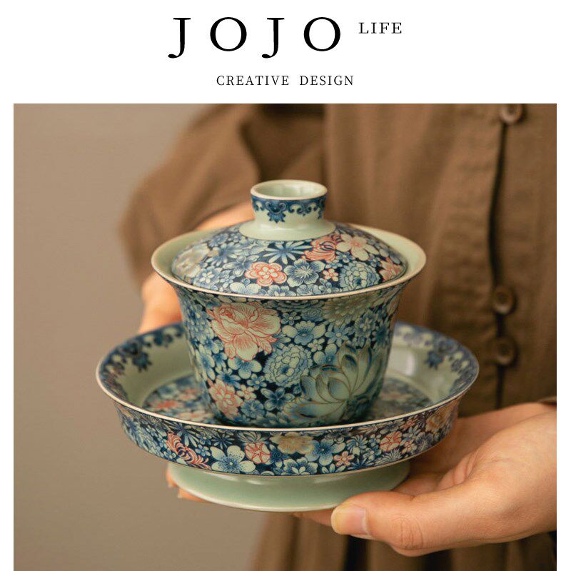 JOJOS L. PD.紫泉涧.青花汝窑三才盖碗茶杯珐琅彩泡茶带盖 占道