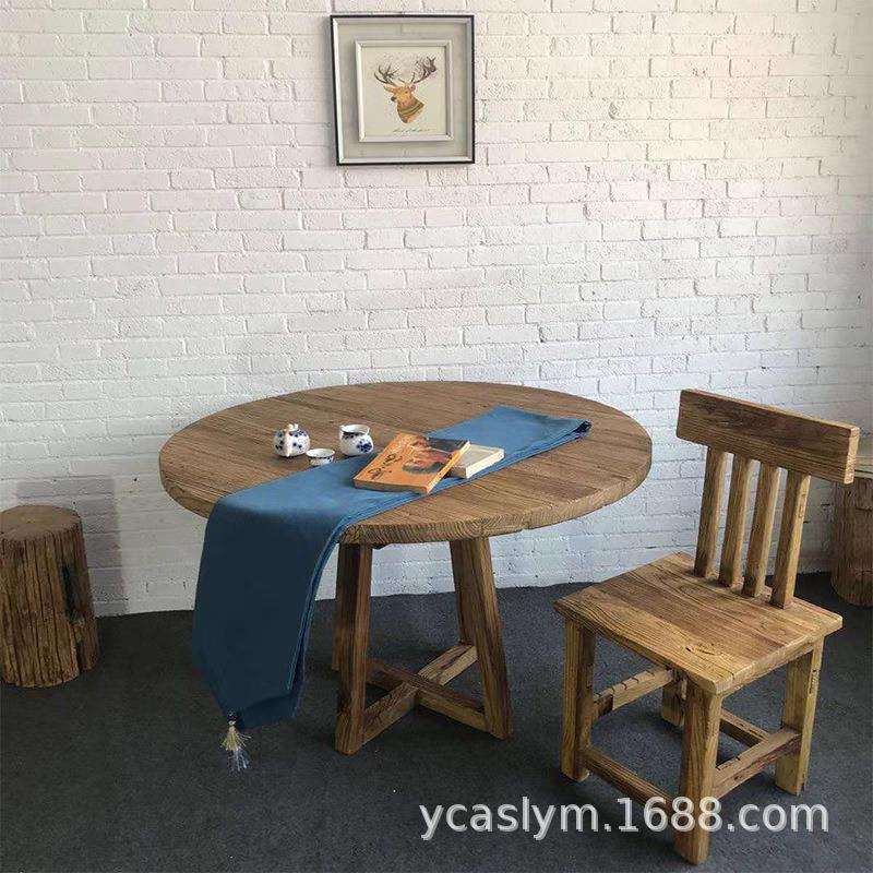 老榆木圆桌实木茶几复古圆形茶台旧木板圆餐桌民宿家具新中式饭桌