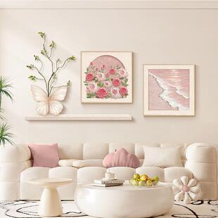 海浪玫瑰电视背景法式蝴蝶沙发复古墙壁挂画客厅装饰画风花卉奶油