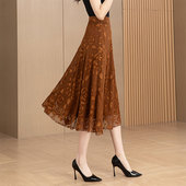 半身裙女2025夏季 新款 咖色提花雪纺高腰复古气质a字裙大摆中长裙